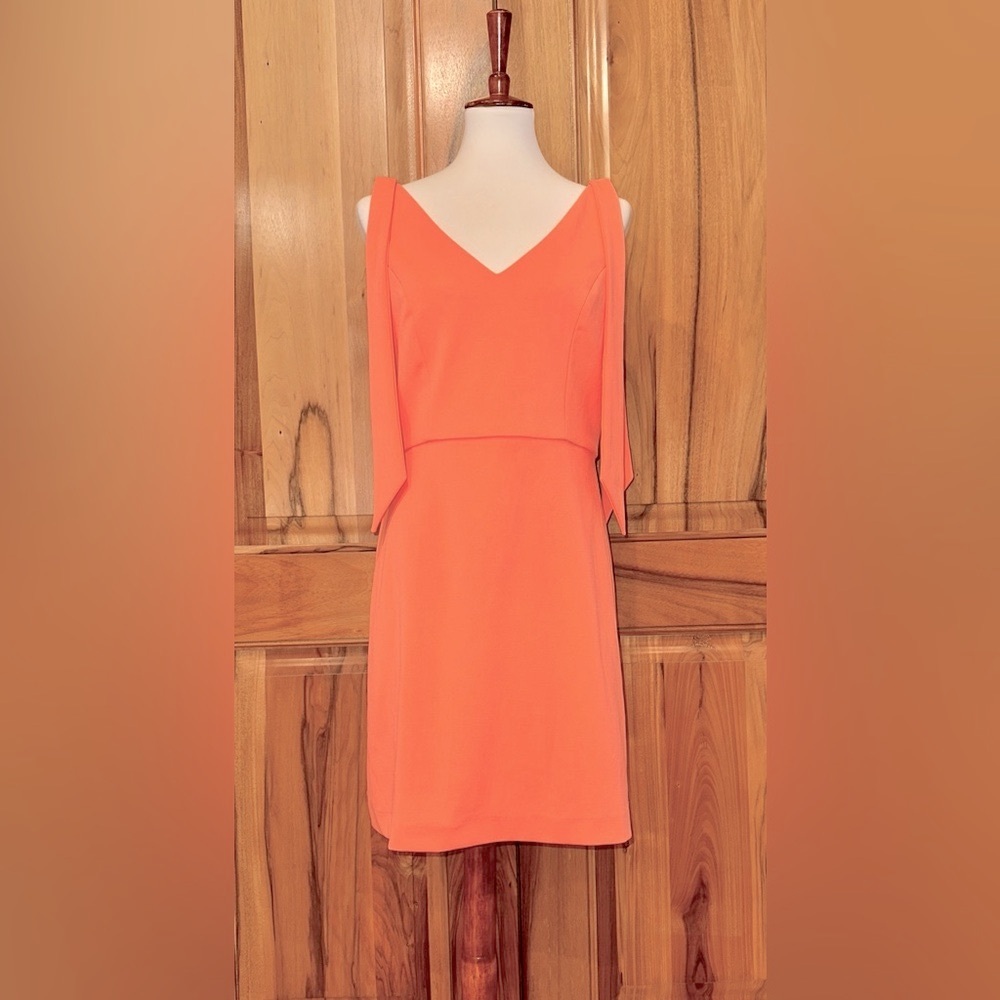 NWT BCBGeneration - Coral Fit-n-Flare Dress, Draped Shoulder “Ribbon” Accents, 8